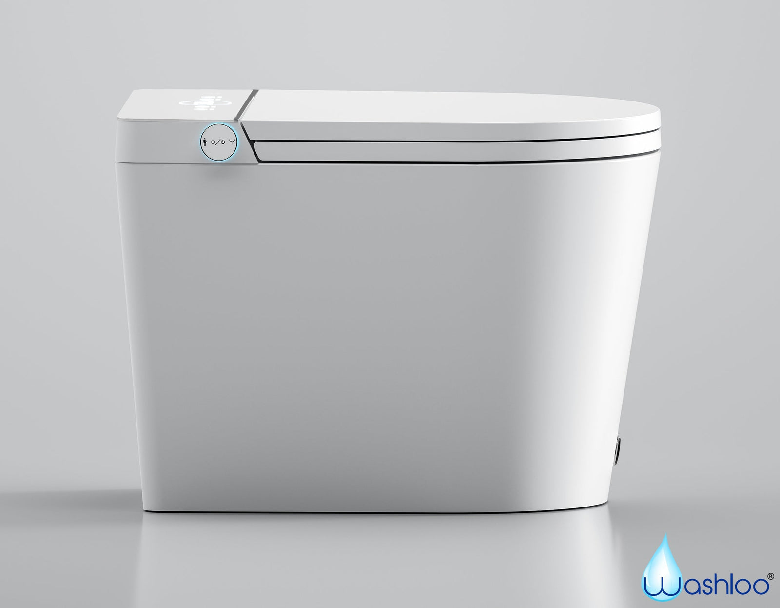 A minimalist studio product photograph of the all-in-one Washloo Supreme smart toilet showcasing its seamless tankless profile and high-gloss white ceramic glaze.