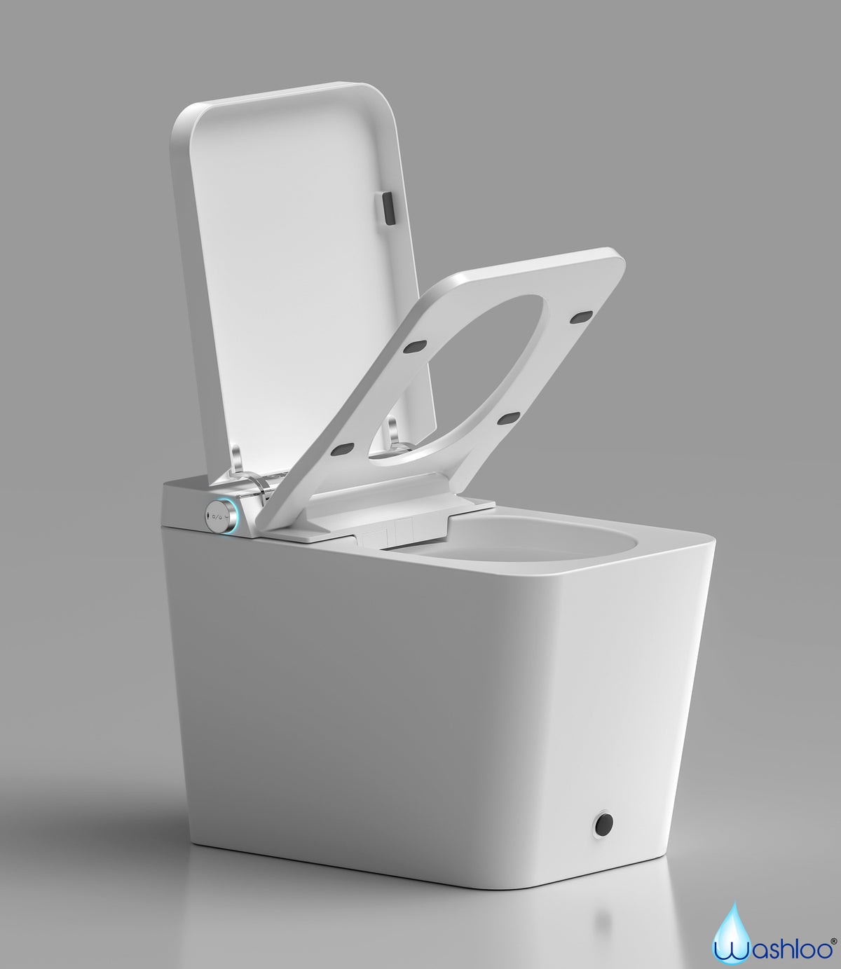 A studio product photograph of a standalone Washloo smart toilet showing its sleek rimless ceramic bowl, soft-close seat and motion-activated sensor panel on a clean white background.