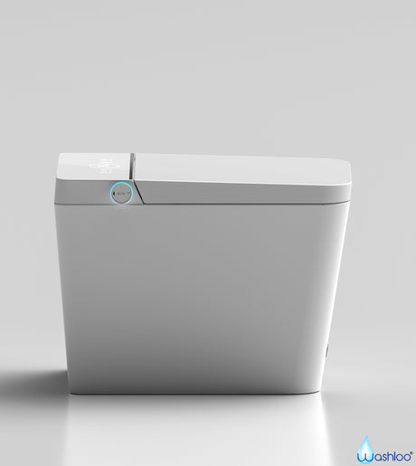 A studio product photograph of a standalone Washloo smart toilet showing its sleek tankless ceramic base, soft-close lid and compact profile against a clean white background.