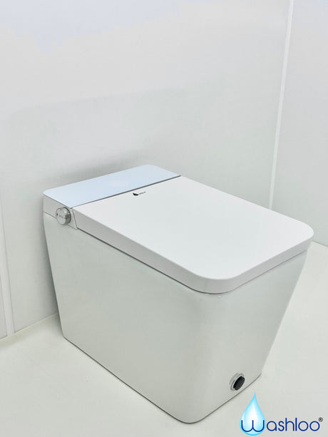 A sleek Washloo cube smart toilet fitted in a contemporary bathroom.