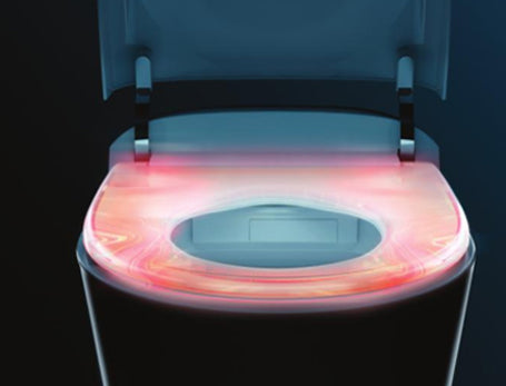 A glowing red toilet seat representing warmth and adjustable seat temperature