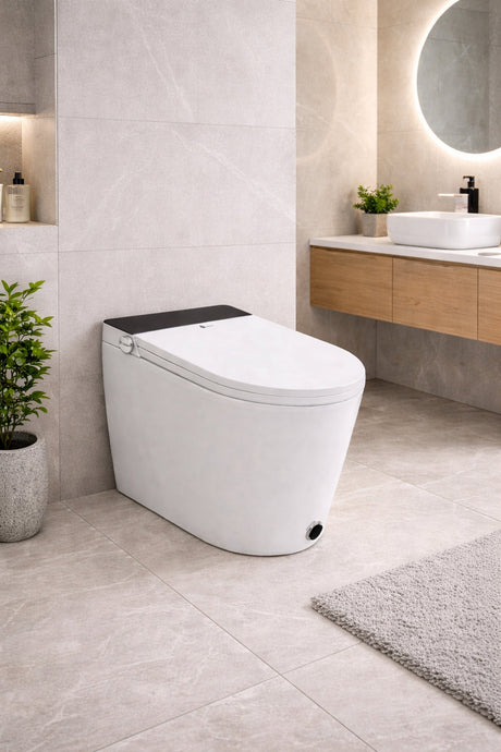 A photograph of a Washloo smart toilet showing its sleek tankless ceramic body, side flush controls and high-gloss white glaze in a modern, calming bathroom