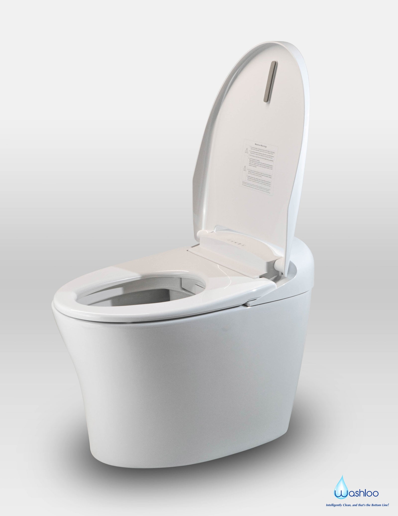 A clean studio product photograph of a tankless Washloo all-in-one toilet highlighting its compact design, geometric ceramic lines and pristine white glaze