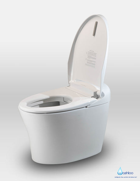 A clean studio product photograph of a tankless Washloo all-in-one toilet highlighting its compact design, geometric ceramic lines and pristine white glaze