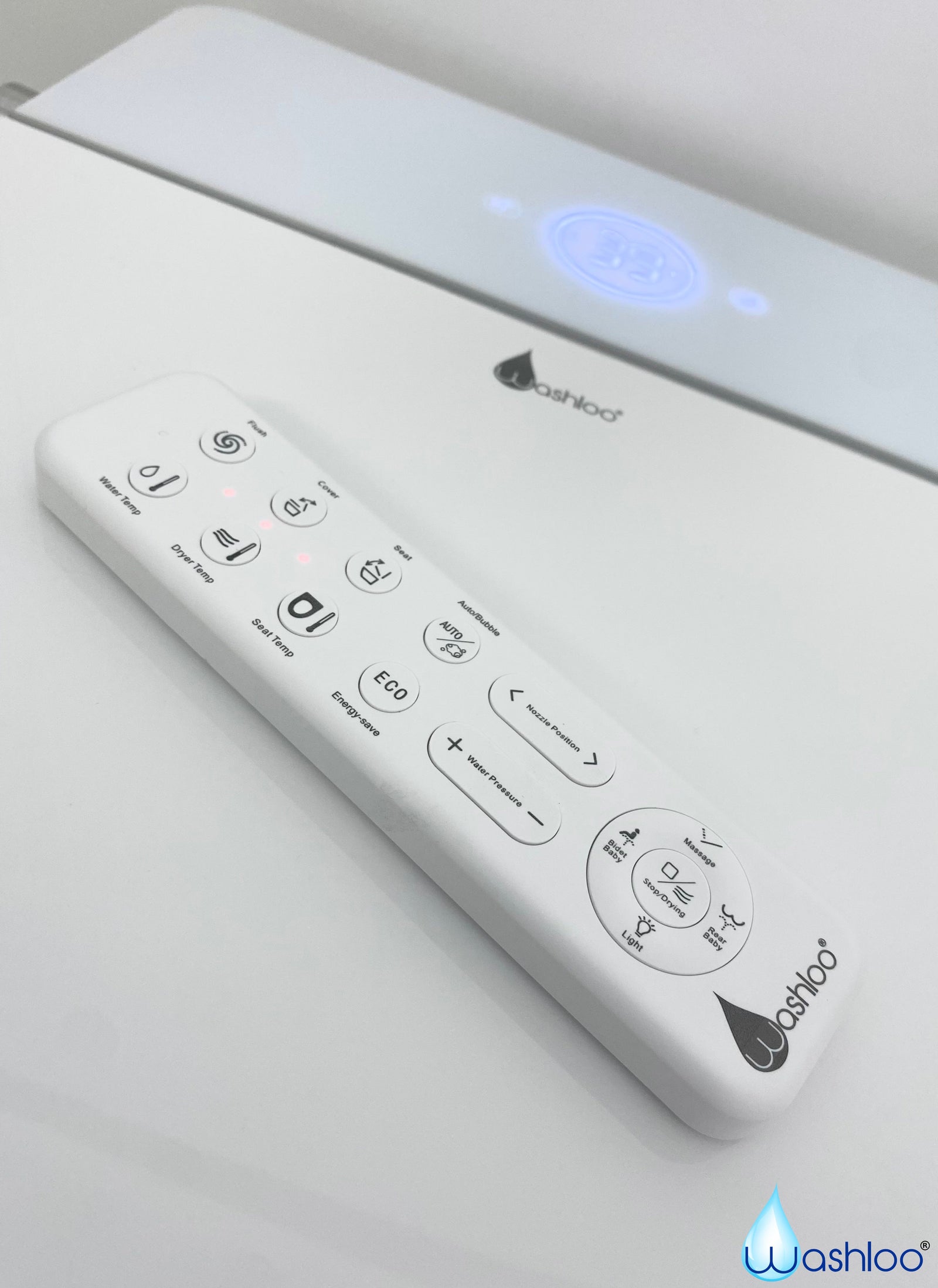 A Washloo smart toilet wireless remote control with the control buttons clearly visible