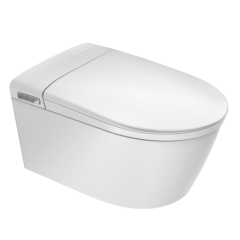 A pristine studio product photograph of a standalone Washloo Sensation smart toilet showcasing its seamless tankless design, clean geometric lines and high-gloss white ceramic shroud against a pure white background.