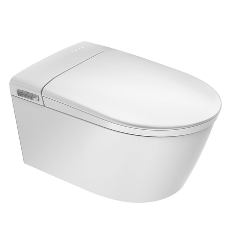 A pristine studio product photograph of a standalone Washloo Sensation smart toilet showcasing its seamless tankless design, clean geometric lines and high-gloss white ceramic shroud against a pure white background.
