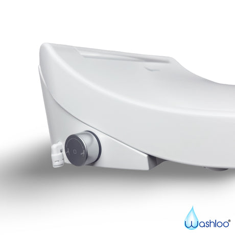 A studio product photograph of a standalone Washloo bidet toilet seat showing its sleek white ergonomic lid, slim profile and side control panel on a clean white background.