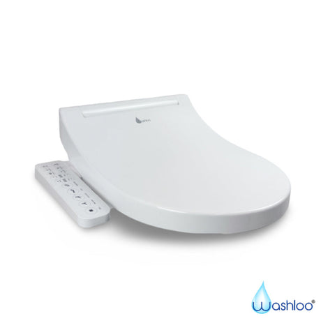 A clean studio product photograph of a Washloo combination toilet seat highlighting its slim profile, intuitive side panel and pristine white finish against a pure white background.