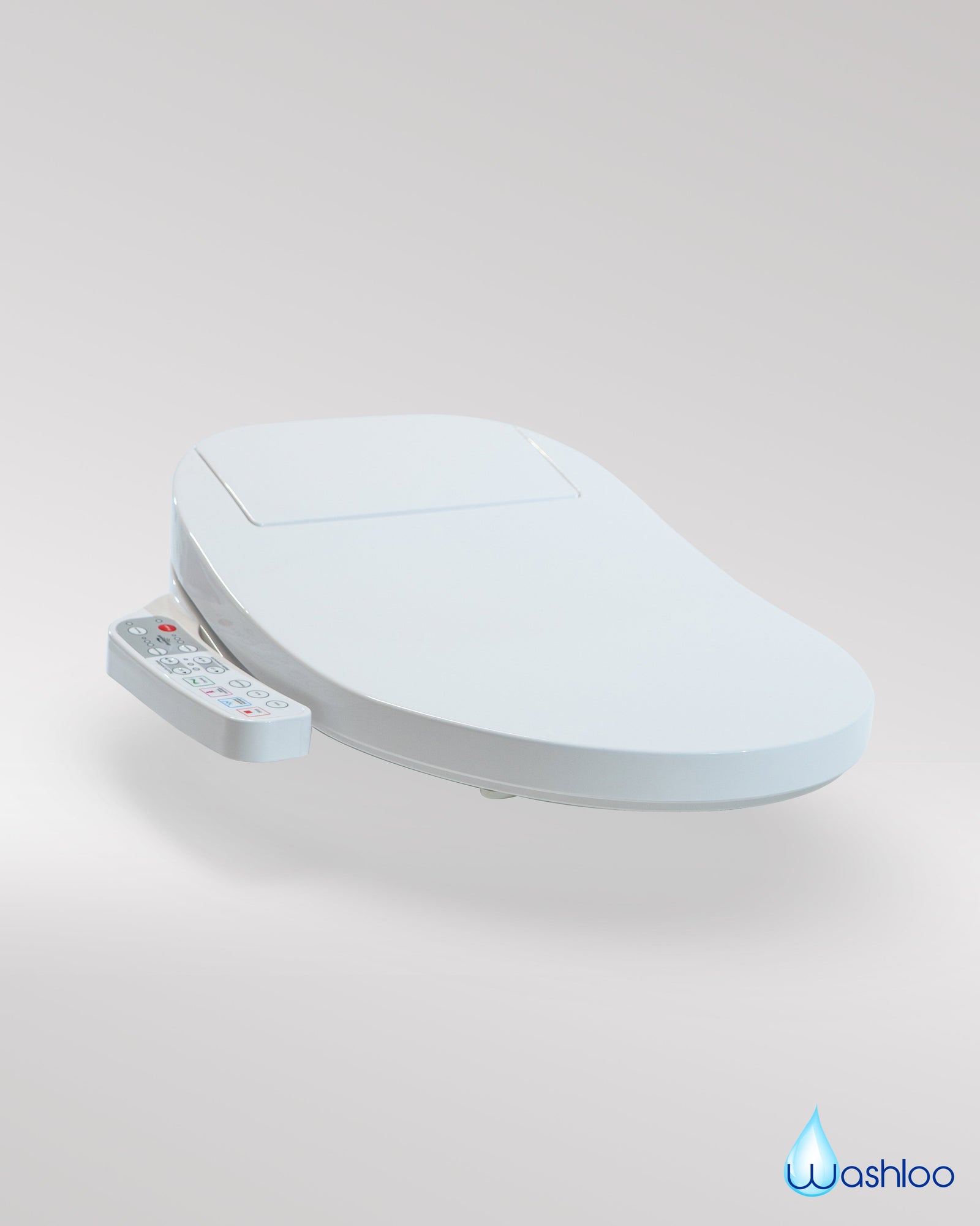 A pristine studio product photograph of a standalone Washloo combination toilet seat showing its sleek white control panel and elegant soft-close lid mechanics against a clean background.