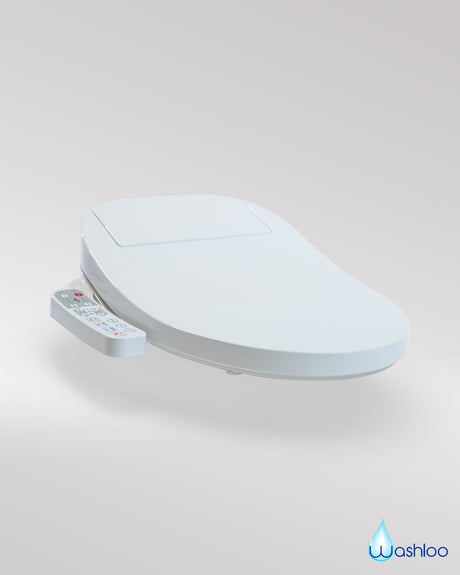 A pristine studio product photograph of a standalone Washloo combination toilet seat showing its sleek white control panel and elegant soft-close lid mechanics against a clean background.