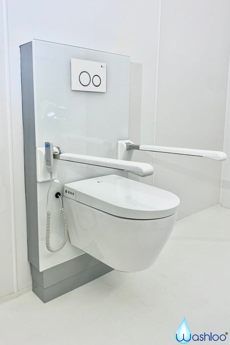 The difference in design and aesthetics between the Washloo Levitate rise and fall smart toilet and a clinical-style standard rise and fall WC