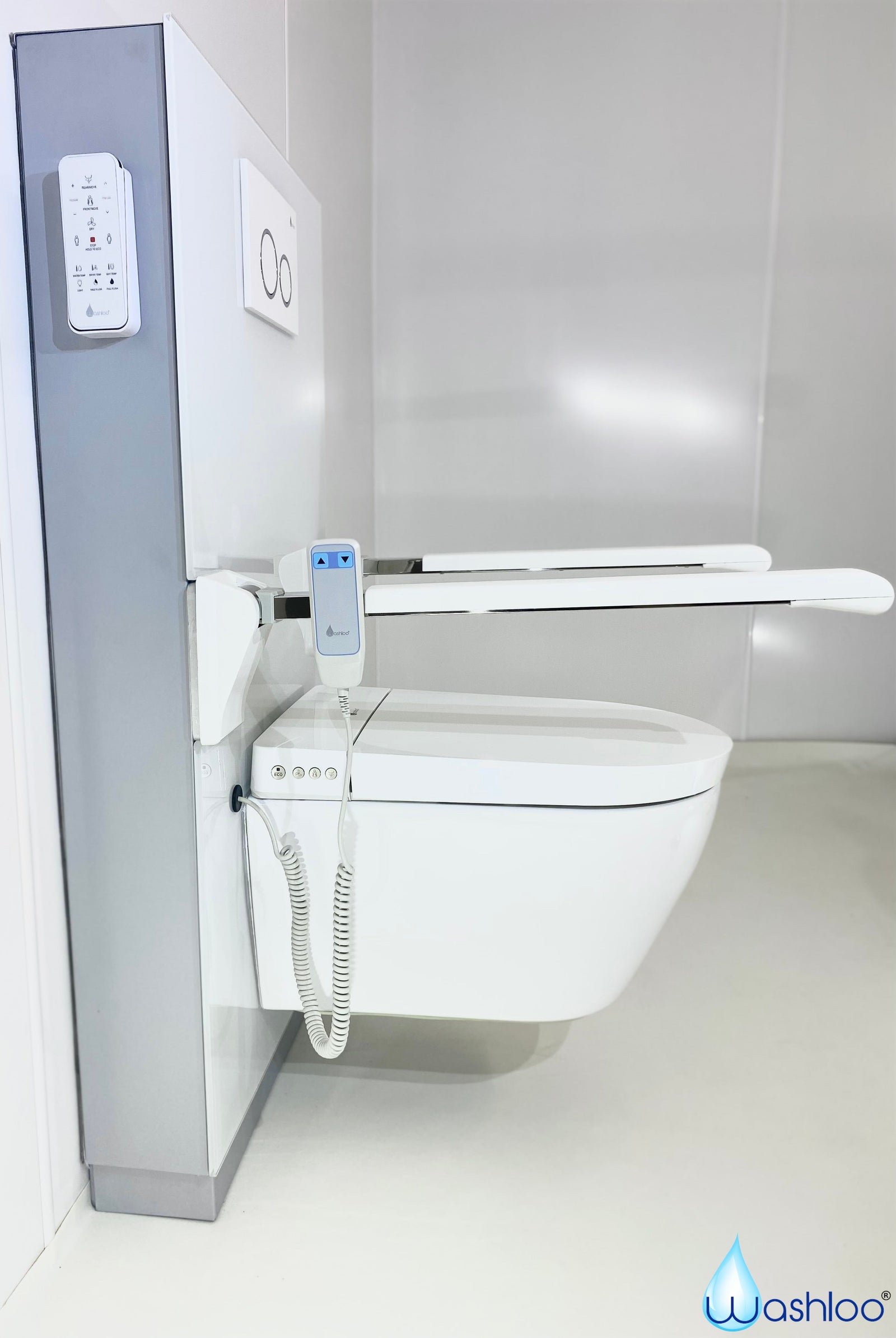 The Washloo Levitate adjustable-height smart toilet with white glass cistern and silver support arms, installed in a stylish contemporary bathroom