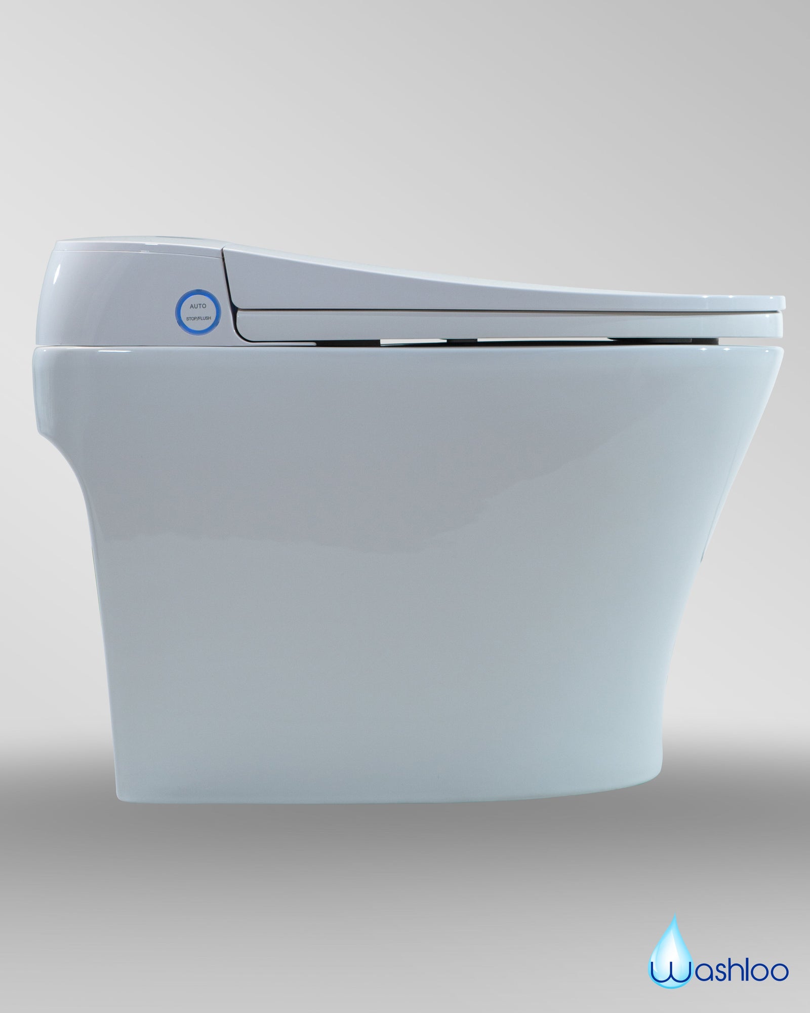 A Washloo smart toilet seat fitted to a standard toilet, representing an approachable introduction to Japanese toilet technology