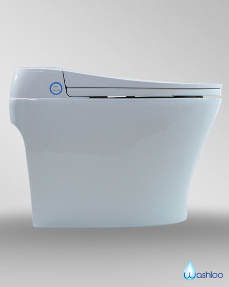 A Washloo smart toilet seat fitted to a standard toilet, representing an approachable introduction to Japanese toilet technology