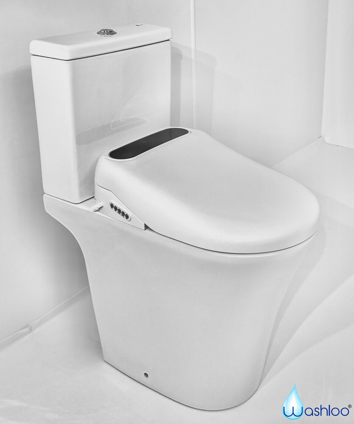 A studio product photograph of a Washloo smart bidet seat mounted on a modern ceramic toilet bowl highlighting its sleek side control panel and soft-close lid against a clean white background.