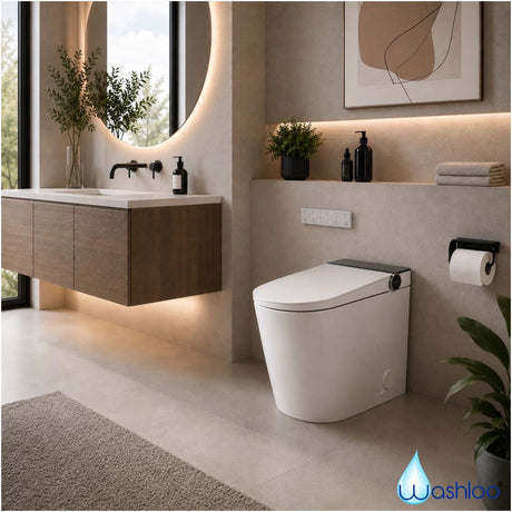 Compact en suite bathroom with a Washloo smart toilet, floating wood vanity, backlit round mirror and warm LED shelf lighting
