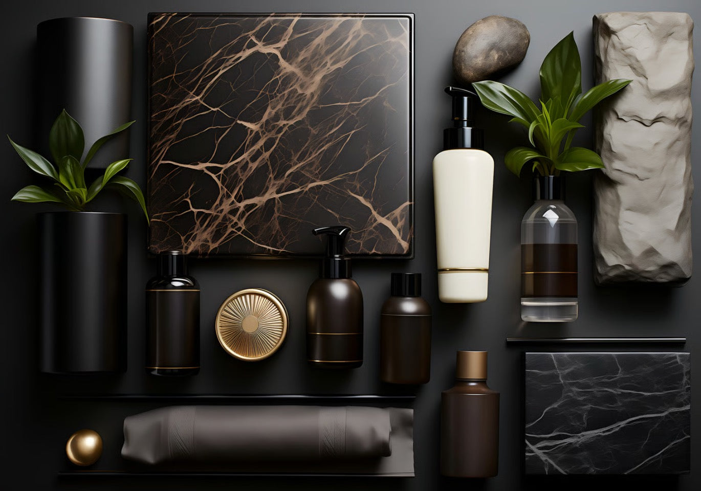 A luxury hospitality interior design mood board featuring a large square tile of dark marble with brown veins, a block of black veined marble and a textured stone block.