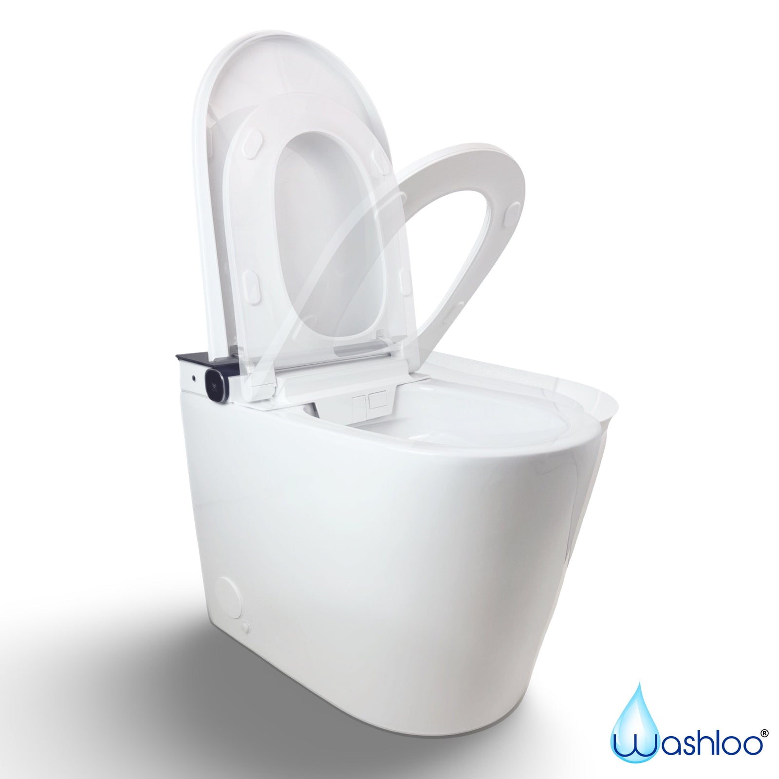 A minimalist studio product photograph of a standalone Washloo smart toilet highlighting its sleek tankless ceramic base and integrated electronic controls against a clean white background.