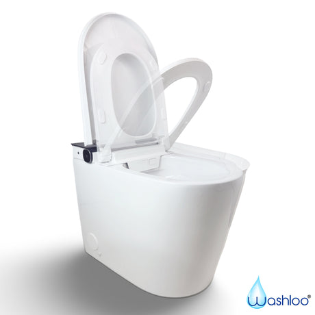 A minimalist studio product photograph of a standalone Washloo smart toilet highlighting its sleek tankless ceramic base and integrated electronic controls against a clean white background.