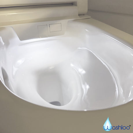 A studio product photograph of a standalone Washloo smart toilet showing its sleek rimless ceramic base, soft-close seat and subtle LED nightlight against a clean white background.