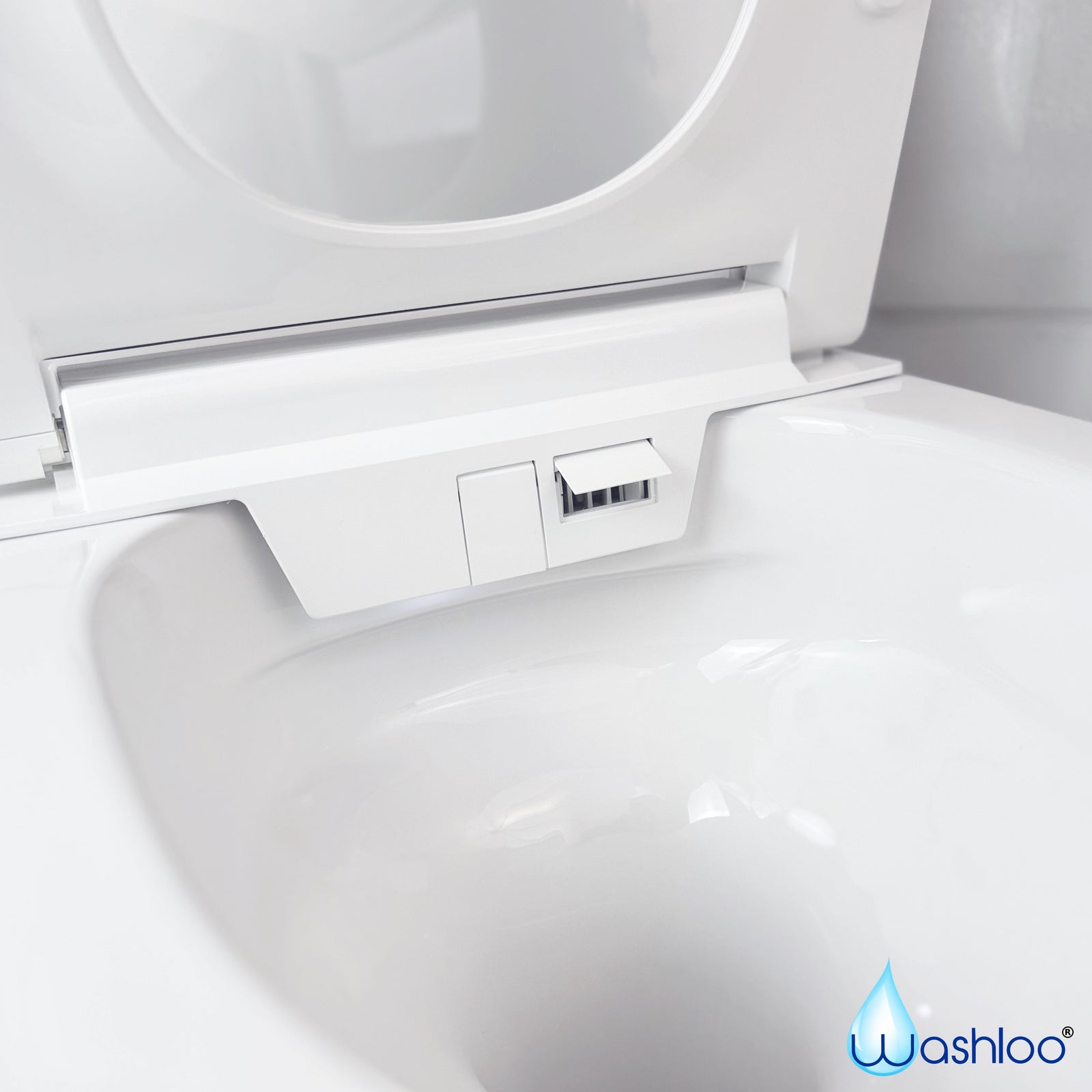 A pristine studio photograph of a standalone Washloo bidet toilet highlighting its smooth rimless bowl interior and high-gloss white ceramic glaze against a clean white background.