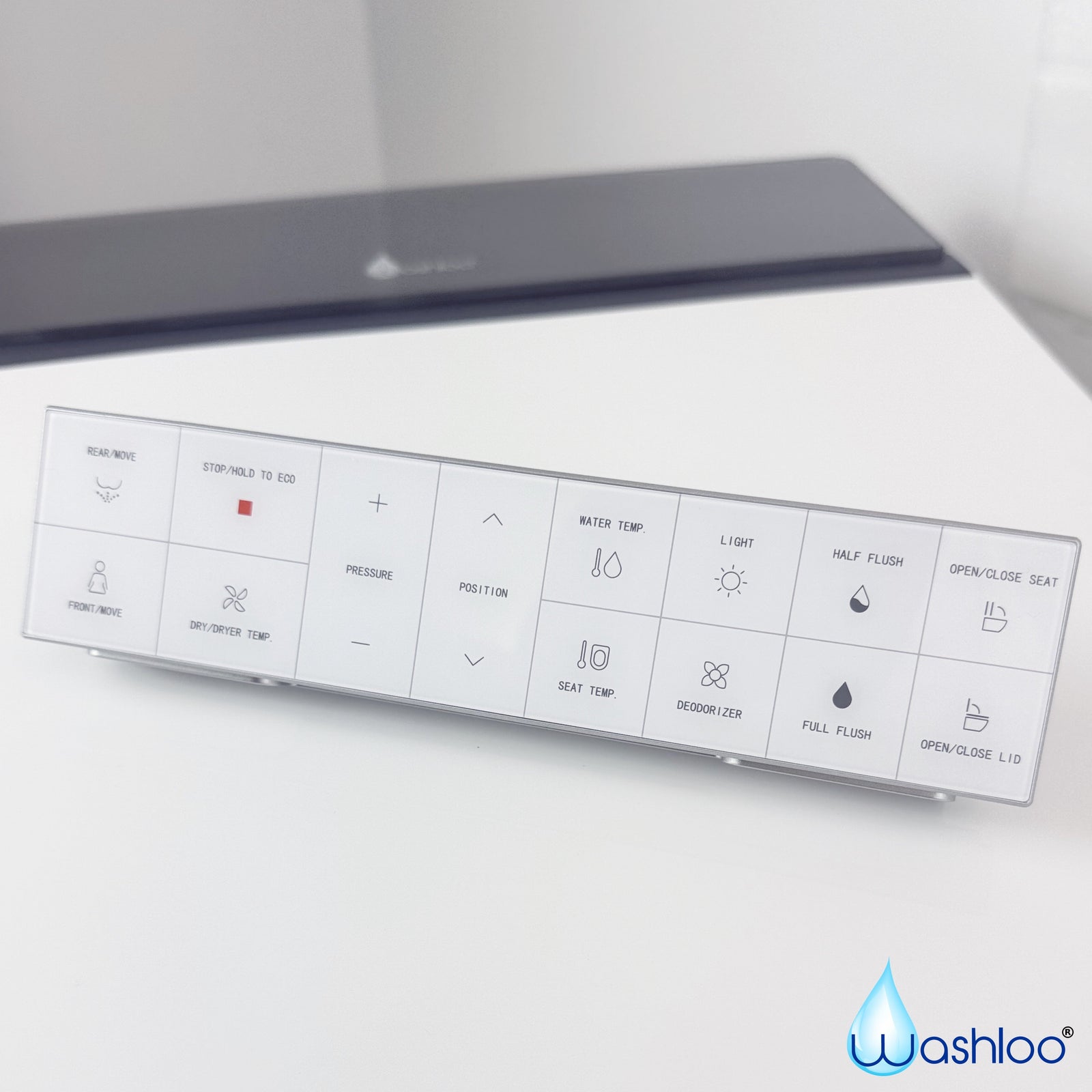 A clean studio product photograph of a modern white Washloo Japanese toilet with a high-gloss ceramic finish and a sleek digital control panel.