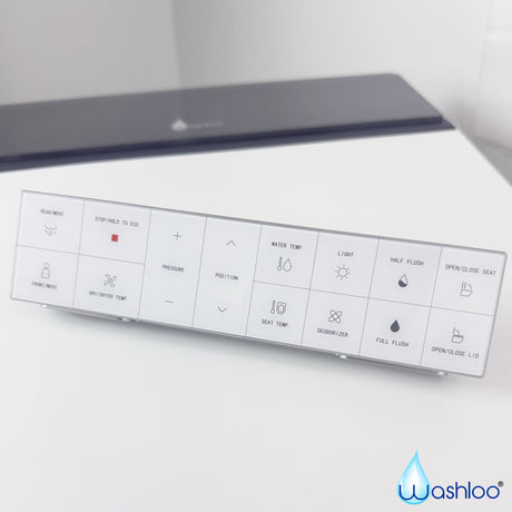 A clean studio product photograph of a modern white Washloo Japanese toilet with a high-gloss ceramic finish and a sleek digital control panel.