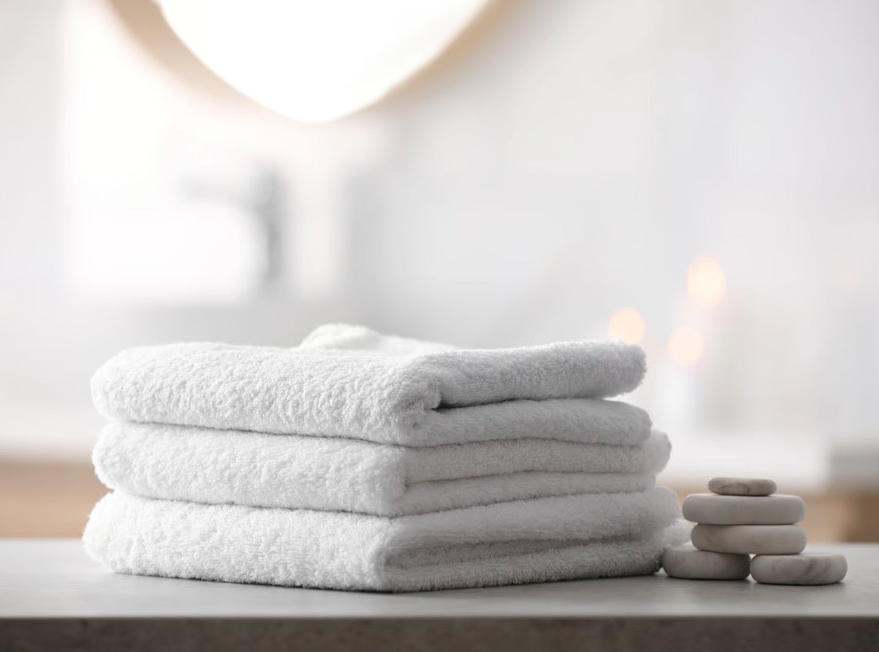 •	A beautifully presented luxury wellness resort bathroom, with crisply folded plush white Egyptian cotton towels neatly resting on a textured slate vanity unit.